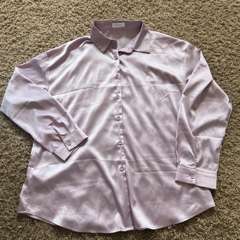 Chigant Lavender Satin Button Down Shirt Womens XL Long Sleeve Purple Blouse NWT